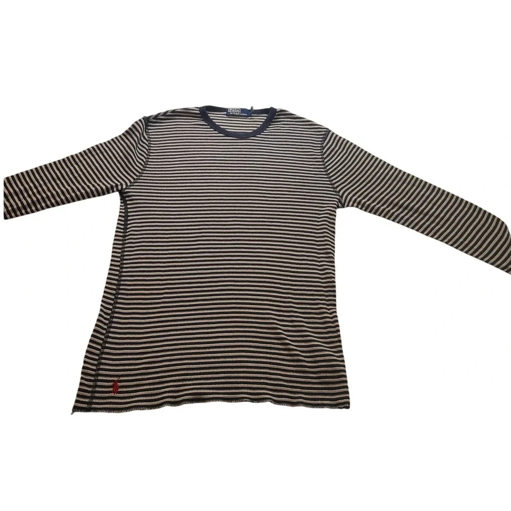 Polo Ralph Lauren Men's Large Blue White Striped Waffle Knit‎ Thermal Shirt L/S
